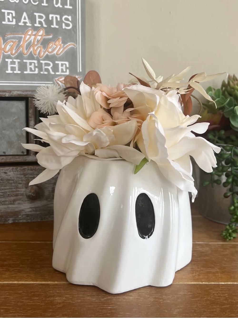 New White Ceramic Ghost Bucket Vase Faux Floral Arrangement